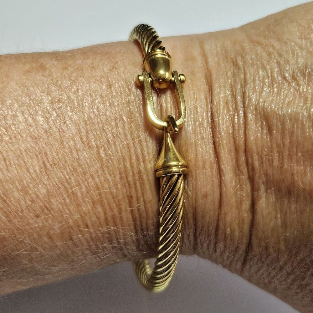 Gold Tone Bangle Bracelet Buckle Hook Closure Twisted Texture Approx 6.5" - Picture 2 of 14